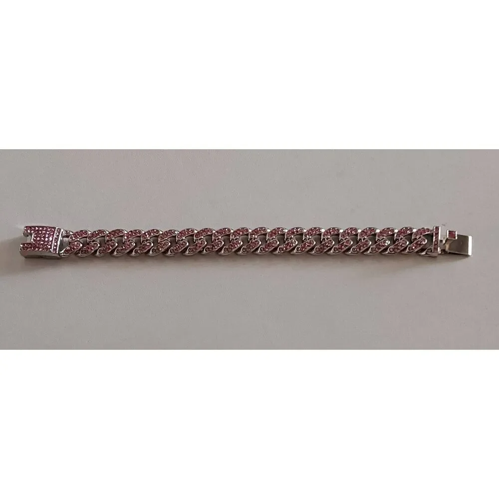 New~Trendy Goth Silver Bling Pink Pave Rhinestone Cuban Link Bracelet
